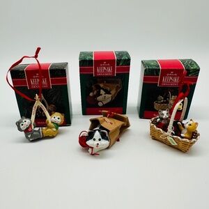 Hallmark Cat Ornaments 1990-1992 Meow Mart, Basket Bell Players, Holiday Wishes